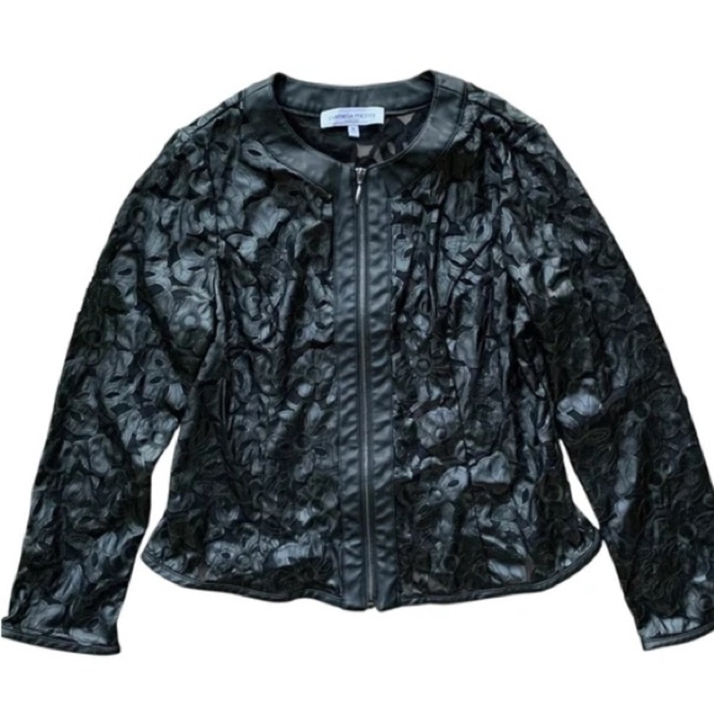 Pamela McCoy Collection Faux Leather Sheer Floral Zip Moto Jacket Black Size M